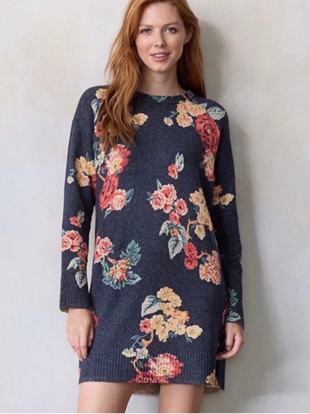 LC Lauren Conrad Navy Floral Long-Sleeve Sweater Dress Women's Petite Large